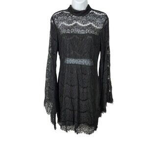 Lulus Black Lace Bell Sleeve Mock Neck Mini Dress Rose Gold Zipper Medium vamp